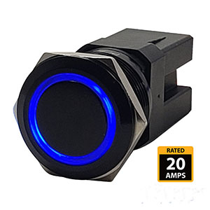 Marine Push Button Switch - Blue LED - 20A - Black Anodized