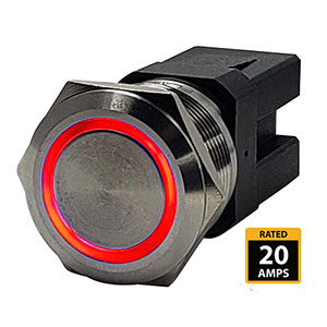 Marine Push Button Switch - Red LED - 20A - Stainless Steel