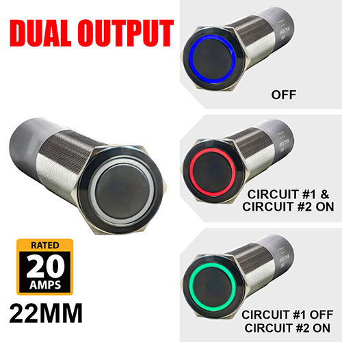 REVERT Harsh Environment | Dual Output | 3 Color | Push Button Marine Switch | 22MM | Black