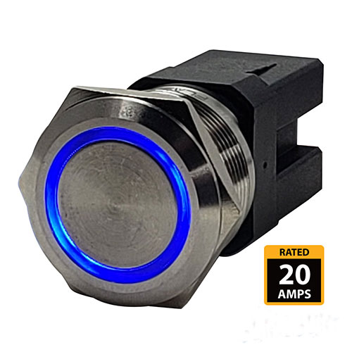 Marine Push Button Switch - Blue LED - 20A - Stainless Steel